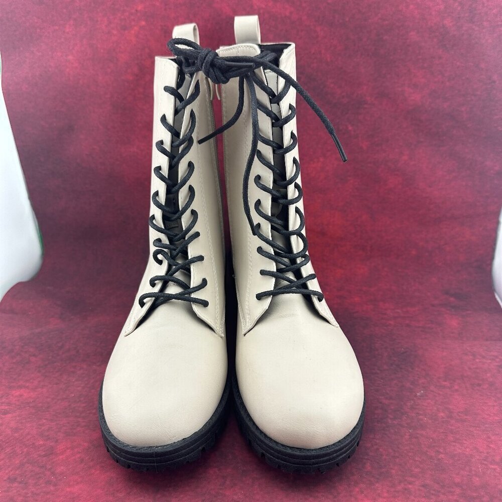 SHELN COMBAT BOOTS LUG SOLE IVORY, MID-CALF, LACE-UP, ZIPPER, BLOCK HEEL, SIZE 9